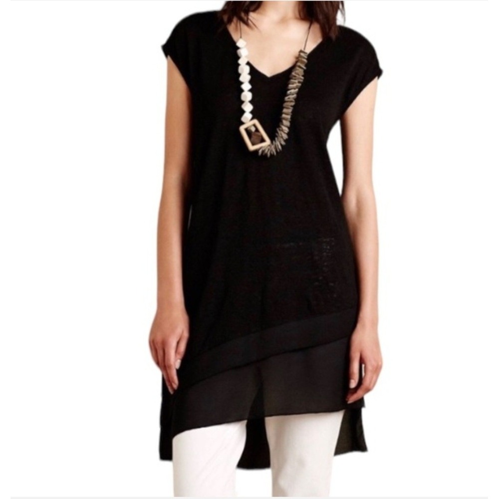 Anthropologie Deletta Black Linen Knit Mixed Media V-Neck Tunic Top Size Small